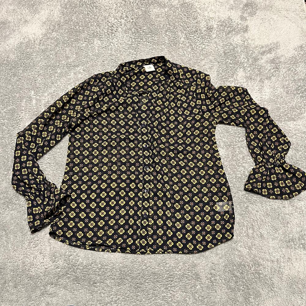 CAbi Shirt Womens Samll Blouse Blue  Mosaic Sheer Long Sleeve Ruffle Cuff 3772